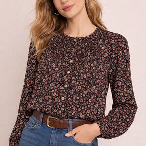 Anthro Maeve Orli Floral Bib Blouse S Black Ditsy Button Long Sleeve Top